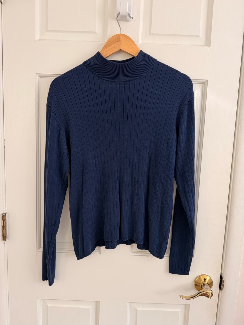 Women's Silk/Cotton Blend Navy Ribbed Mock Neck Top